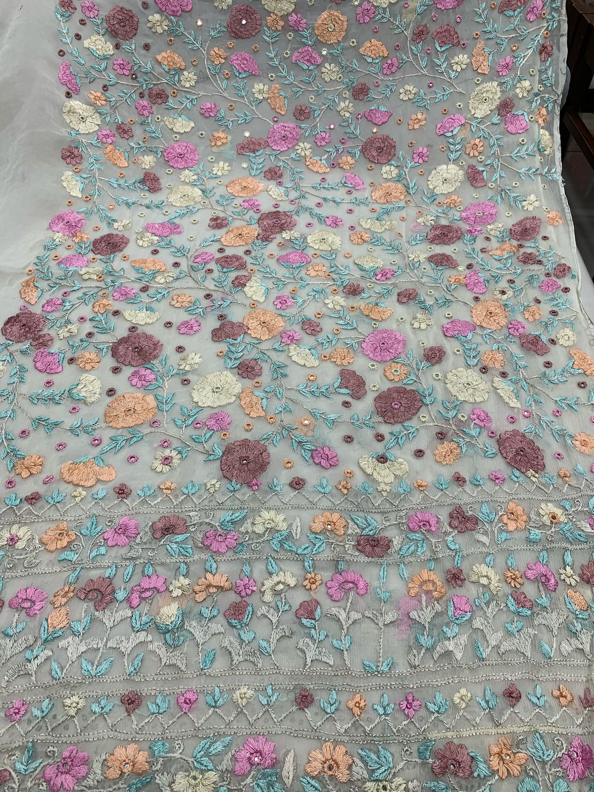 2-Piece pure chiffon handmade Parsi gara with Resham thread embroidery