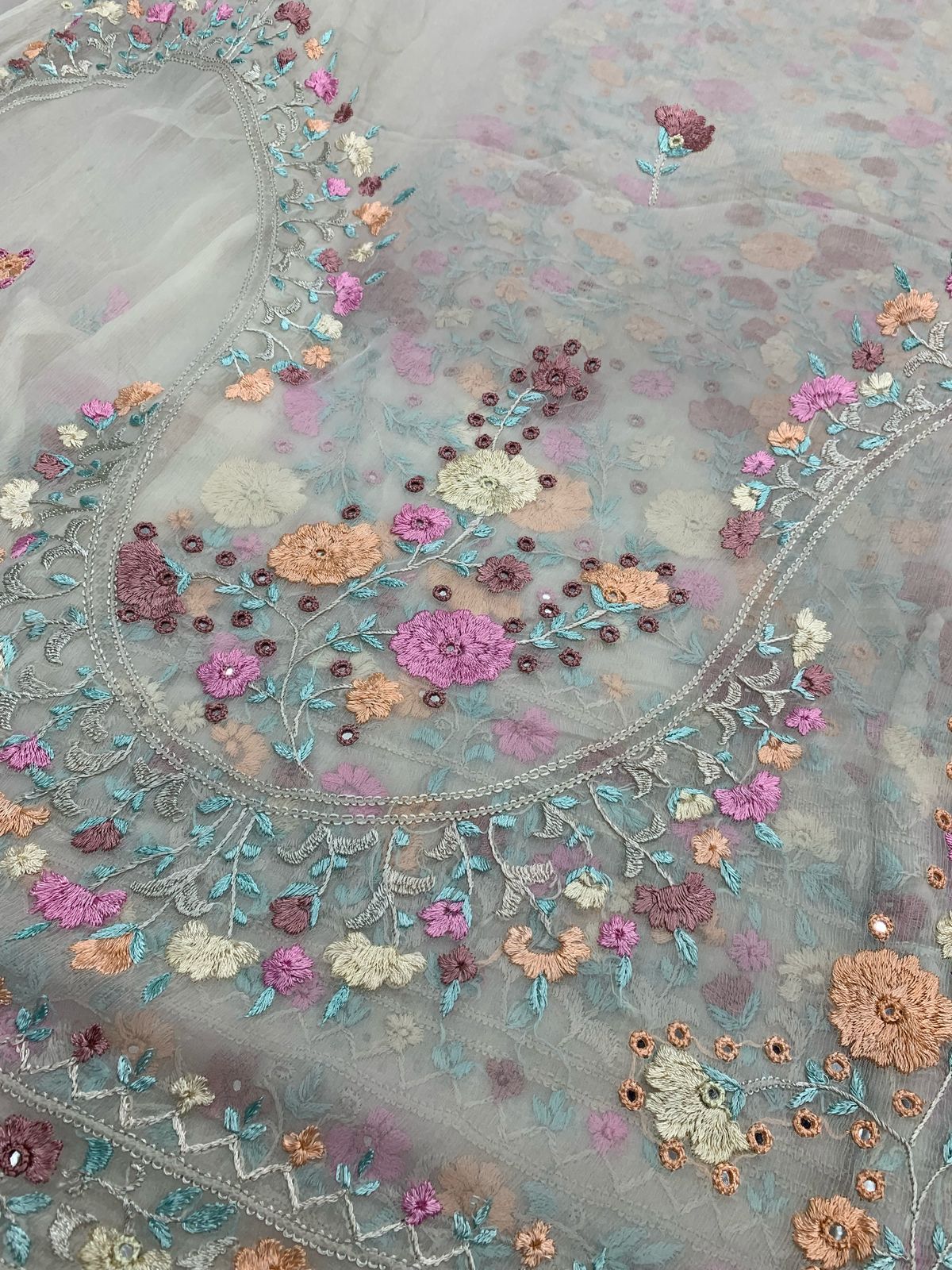 2-Piece pure chiffon handmade Parsi gara with Resham thread embroidery