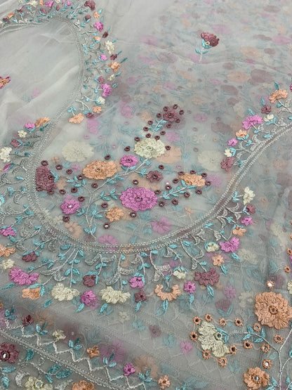 2-Piece pure chiffon handmade Parsi gara with Resham thread embroidery