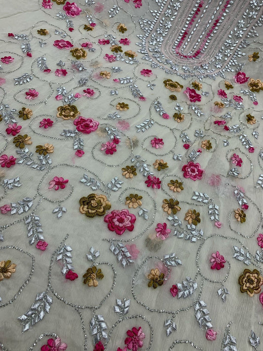 2-Piece Pure Chiffon Handmade Parsi gara/gota with Resham thread embroidery