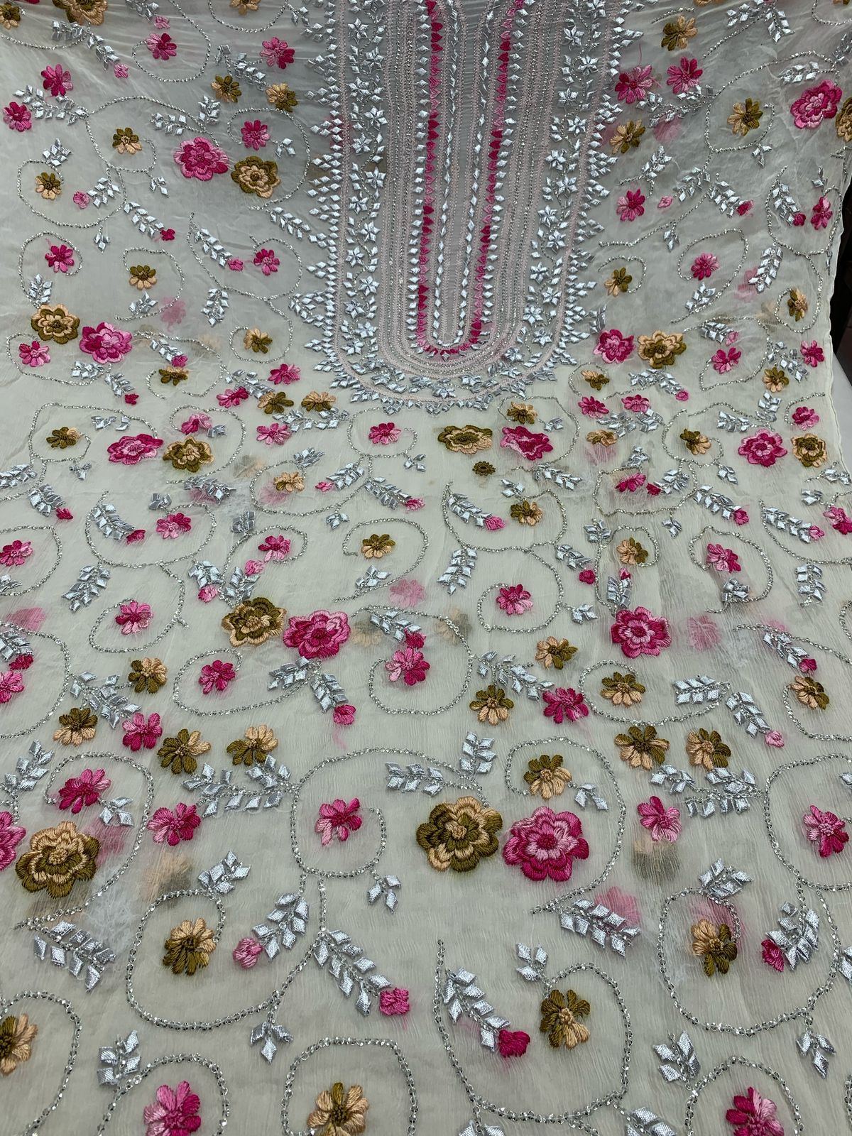 2-Piece Pure Chiffon Handmade Parsi gara/gota with Resham thread embroidery