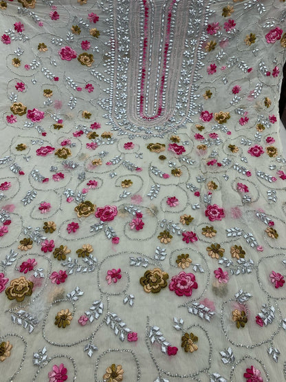 2-Piece Pure Chiffon Handmade Parsi gara/gota with Resham thread embroidery