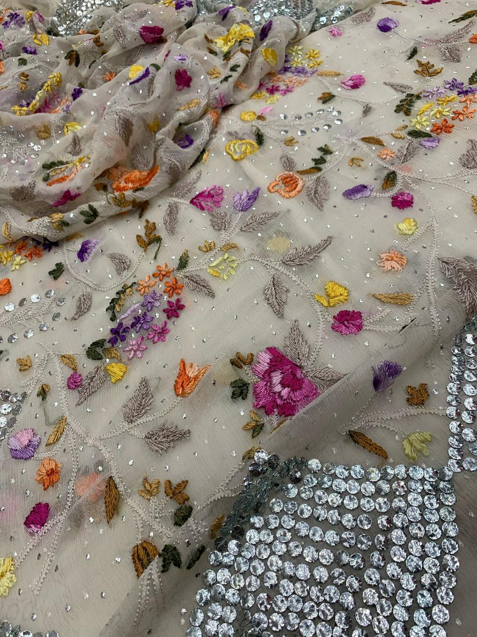 2-Piece pure chiffon handmade Parsi gara Mukesh work with Resham thread embroidery