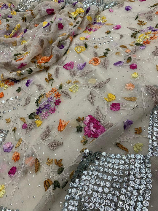 2-Piece pure chiffon handmade Parsi gara Mukesh work with Resham thread embroidery