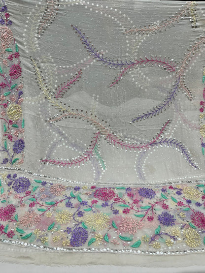 2-Piece Pure Chiffon Hand made Parsi gara and Mukesh work with Resham thread embroidery