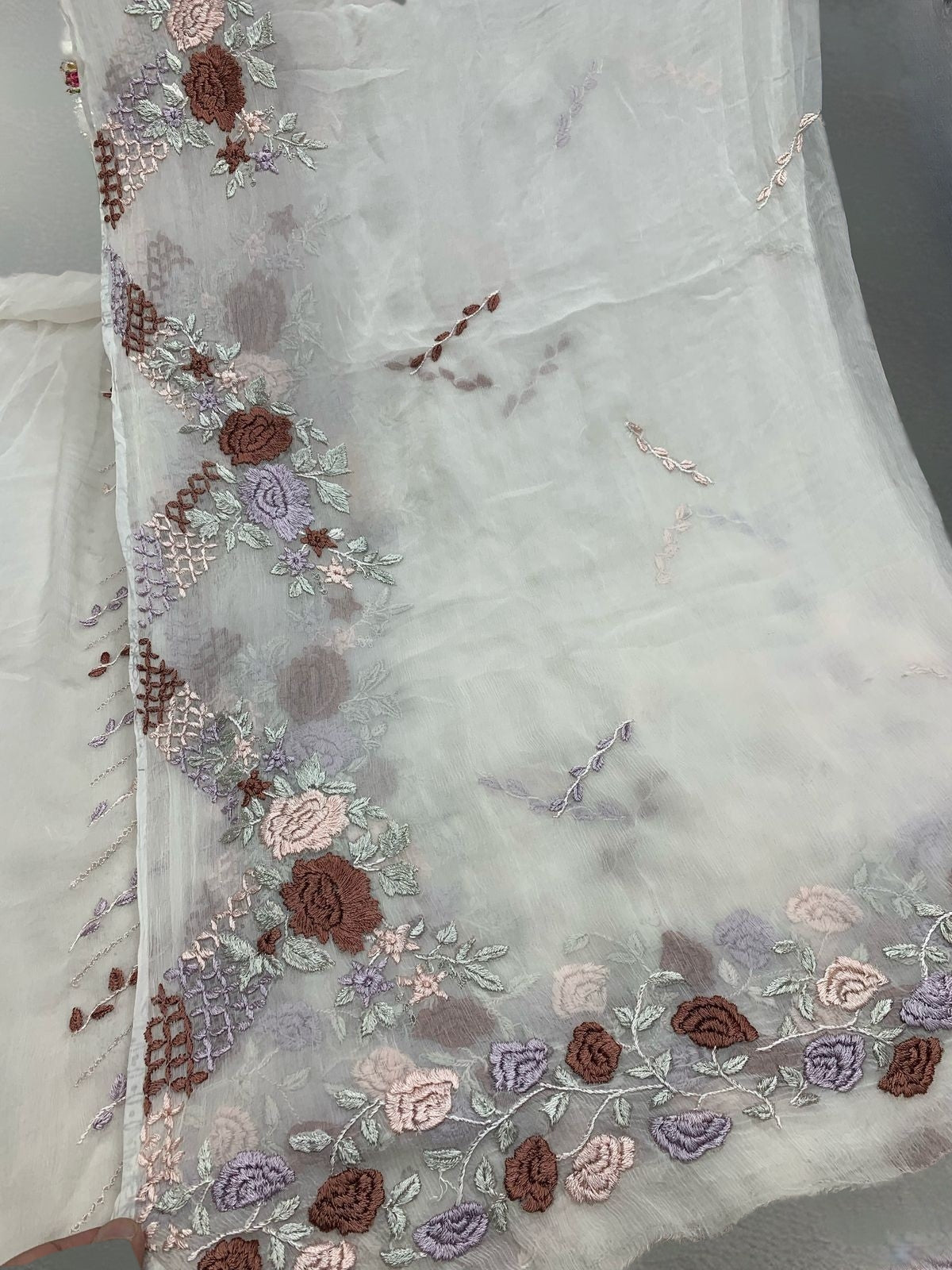 2-Piece pure chiffon handmade bore chichken kari, parsi gara in Resham thread