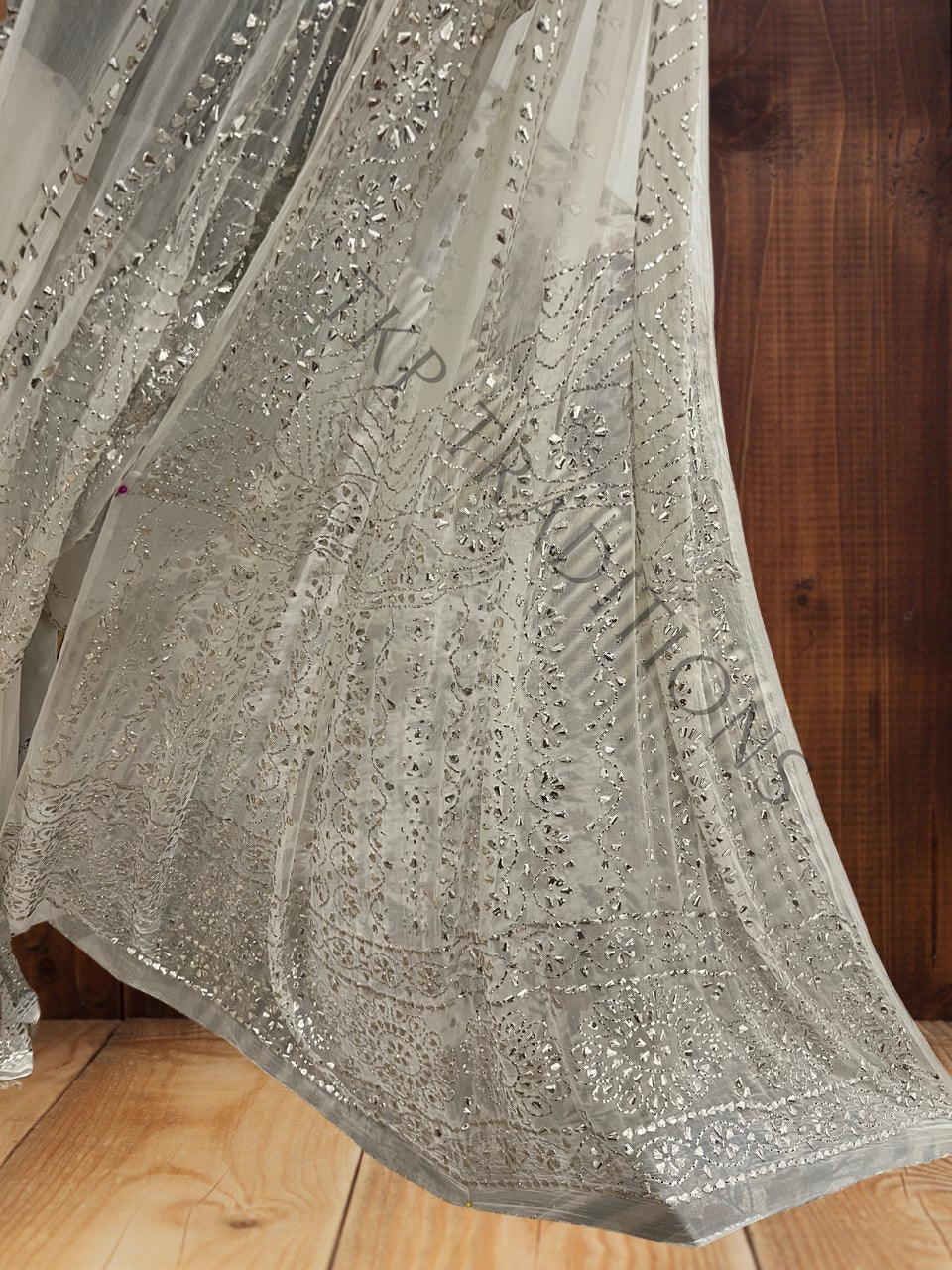 Pure China Crinkle Chiffon Dyeable Silver Mukesh Work Saree