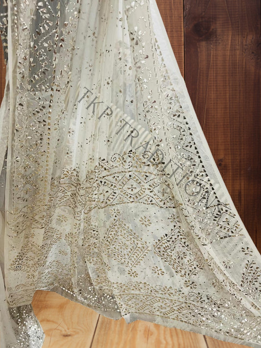 Pure China Crinkle Chiffon Dyeable Silver Mukesh Work Saree