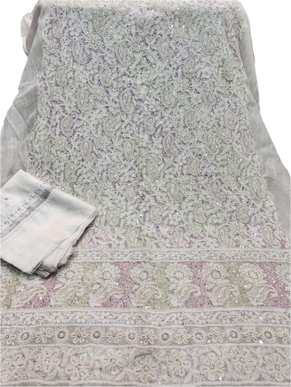 2-Piece Silk Chickenkari Handmade Sequence And Pearls Suit