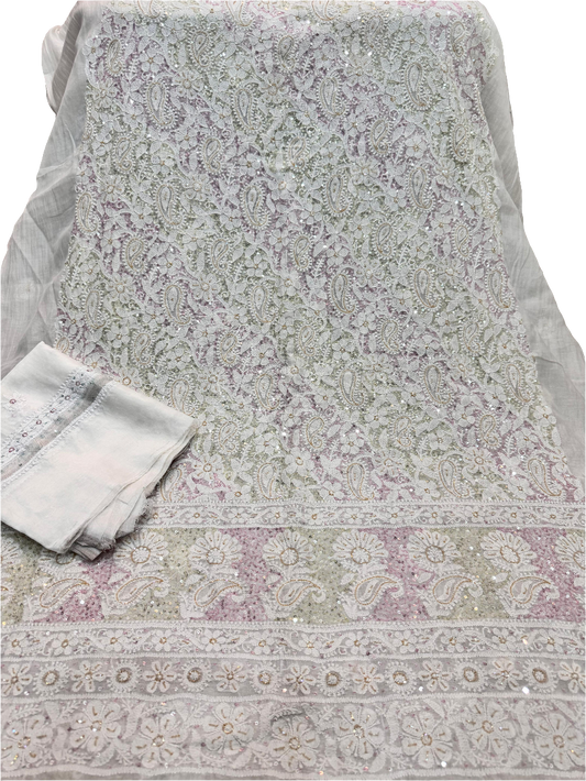 2-Piece Silk Chickenkari Handmade Sequence And Pearls Suit