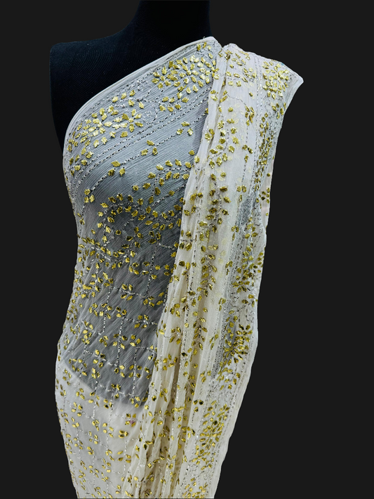 Pure china crinkle chiffon  mukesh work sari.