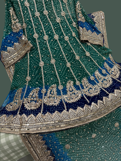 2 piece peacock combination frock with handmade chunri, gotta work.