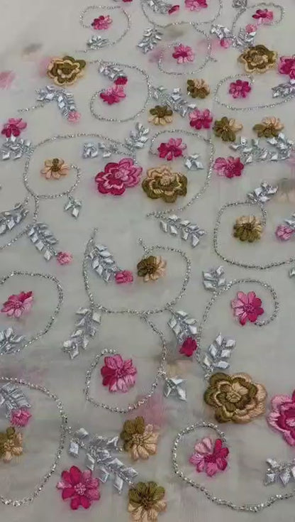 2-Piece Pure Chiffon Handmade Parsi gara/gota with Resham thread embroidery