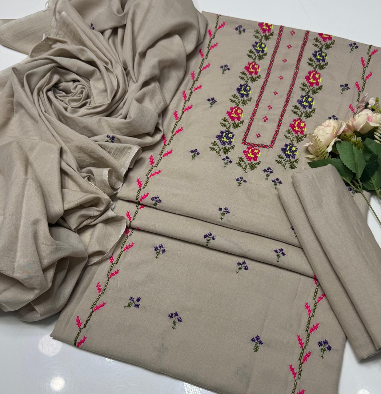 3-Piece Lawn Suit (Hand embroidered cross stitch).