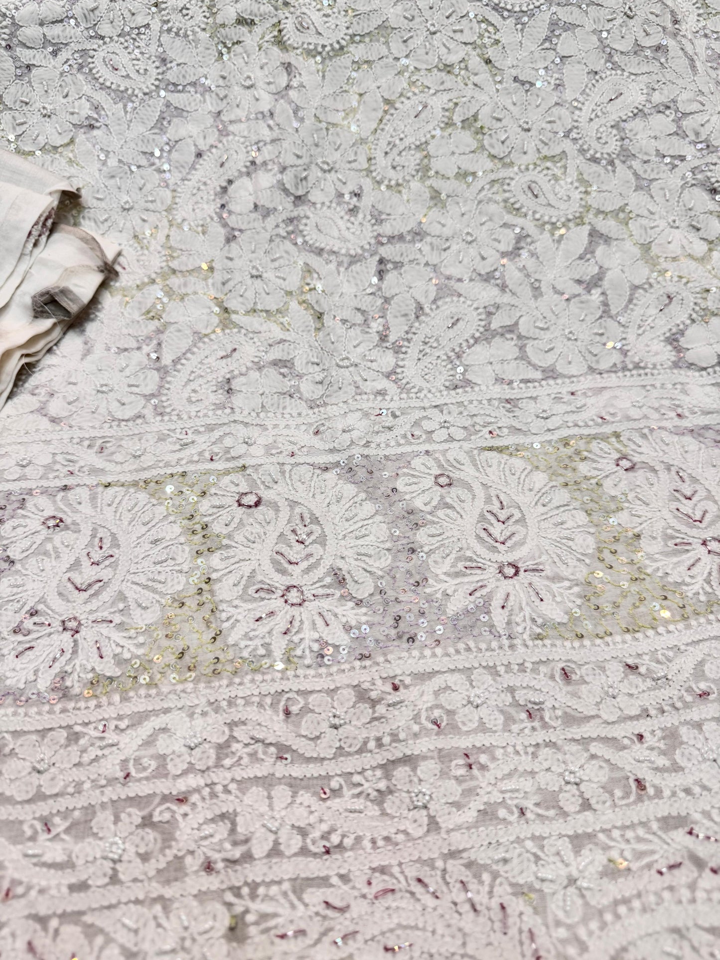 2-Piece Silk Chickenkari Handmade Sequence And Pearls Suit