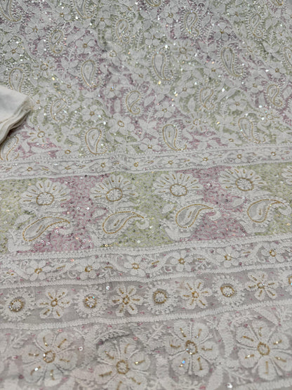 2-Piece Silk Chickenkari Handmade Sequence And Pearls Suit