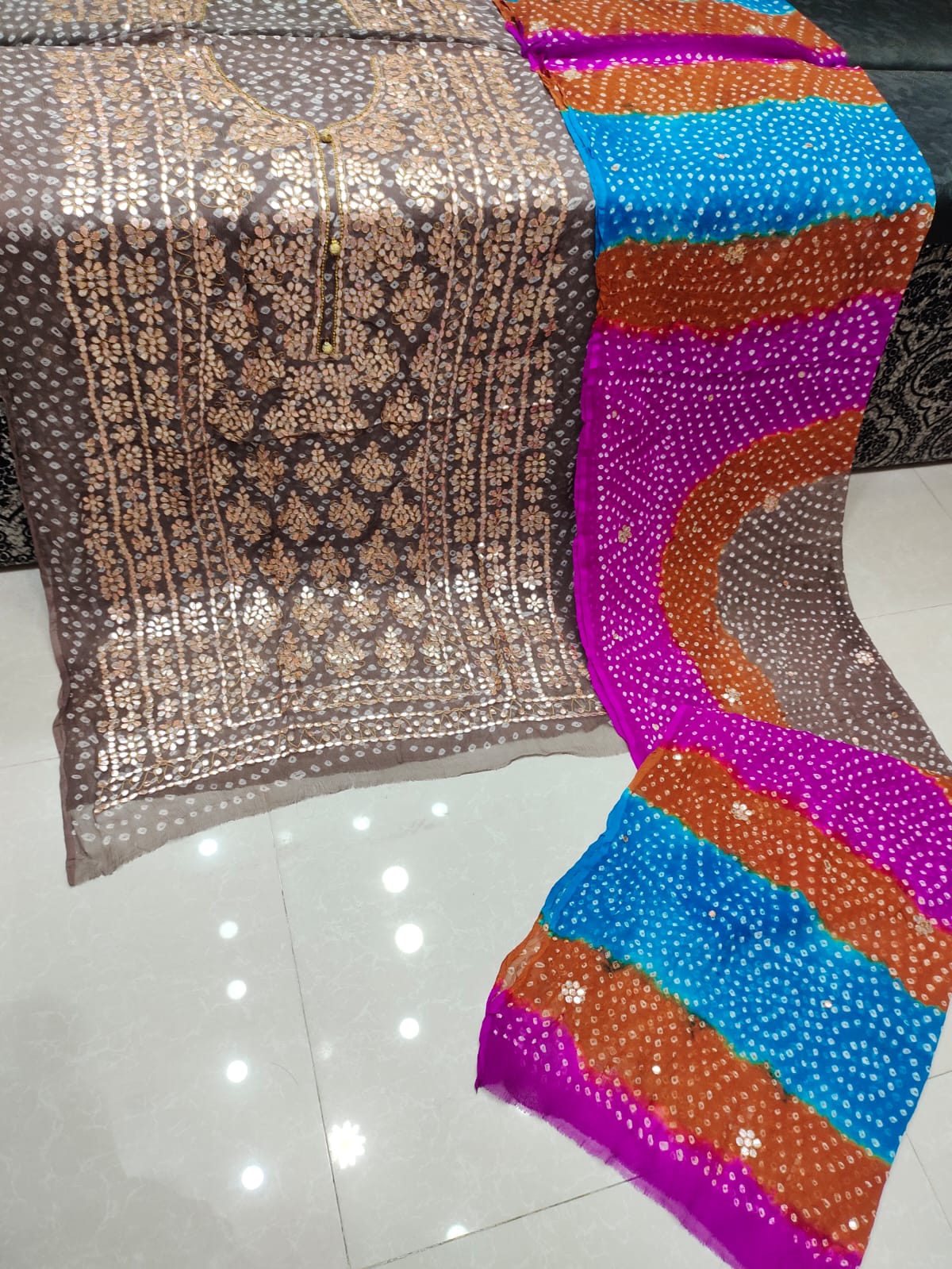 2 piece pure chiffon handmade press gotta with chunri