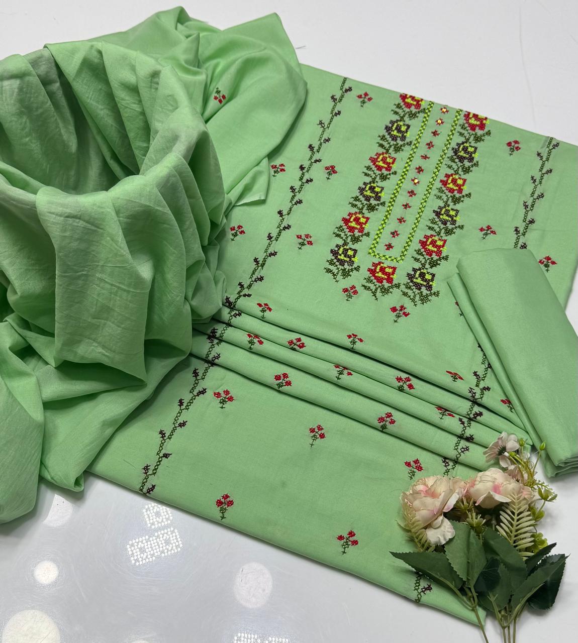 3-Piece Lawn Suit (Hand embroidered cross stitch).
