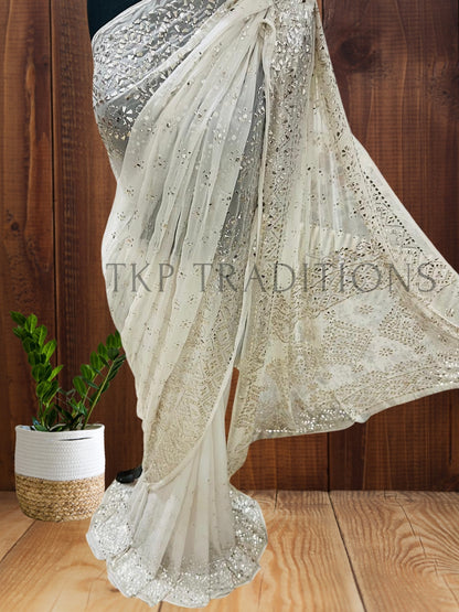 Pure China Crinkle Chiffon Dyeable Silver Mukesh Work Saree