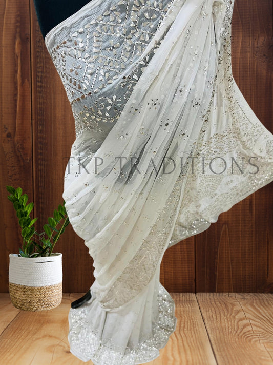 Pure China Crinkle Chiffon Dyeable Silver Mukesh Work Saree